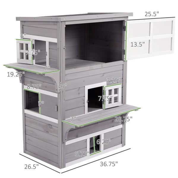 English Elm Pawhut 3-Story Cat House - Cozy Multi-Level Feral Shelter With Escape Doors, Jumping Platforms, Grey W2225P200611-GIGA
