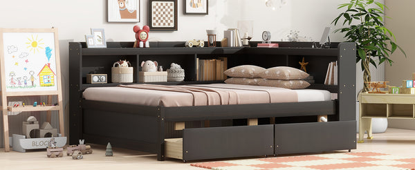 English Elm Full Size L-Shaped Bed With Bookcases, Usb Ports & Storage Drawers - Smart Space-Saving Solution! W504S00220
