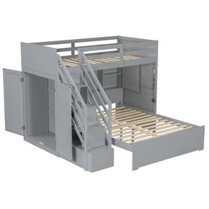 English Elm Twin Over Full Bunk Bed with Wardrobe Storage Stairs Shelves and Usb Charging Gray LT000292AAE