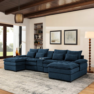English Elm 130" U-Shaped Sofa With Console & Cupholders, 6-Seat Sleeper Couch Set In Blue For Modern Living Spaces W1117S00242