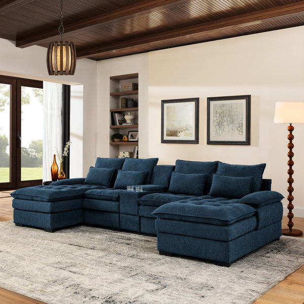 English Elm 130" U-Shaped Sofa With Console & Cupholders, 6-Seat Sleeper Couch Set In Blue For Modern Living Spaces W1117S00242