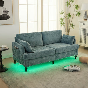 English Elm Modern chenille 2-seater sofa with LED lighting, USB charging, storage pocket, sturdy wood legs Lake Blue W395P318545