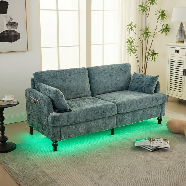 English Elm Modern chenille 2-seater sofa with LED lighting, USB charging, storage pocket, sturdy wood legs Lake Blue W395P318545