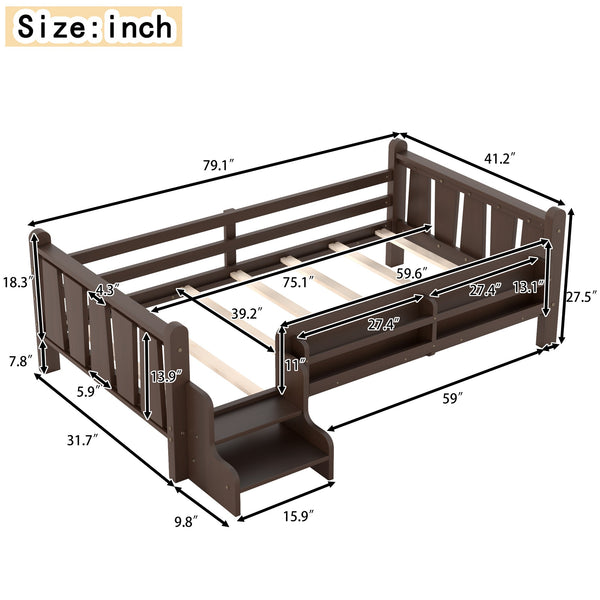 English Elm Twin Pine Floor Bed for Kids with Side Bookcases Built-in Stairs and Safety Guardrails Espresso W1580P390217