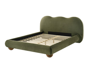 English Elm Brown Boucle Eastern King Bed Camel Back Headboard Round Bun Feet Upholstered Frame Olive Green B2741S00831