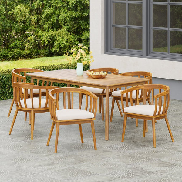 English Elm Christopher Knight Home® - Klismos Teak+ Beige 7PCS Acacia Wood Patio Dining Set – Weather-Resistant Curved-Back Chairs, Seats 6 KLISMOS7PCDSET