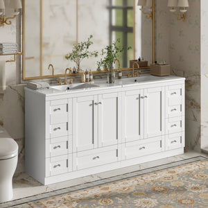 English Elm 72" Freestanding Shaker Bathroom Vanity Double Ceramic Sink Eight Soft Close Drawers N729P000032K