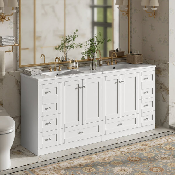 English Elm 72" Freestanding Shaker Bathroom Vanity Double Ceramic Sink Eight Soft Close Drawers N729P000032K