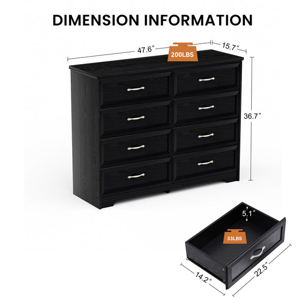 English Elm Modern Elegant Chest of Drawers with Antique Gold Knobs, 8-Drawer Durable Clothes Organizer, Waterproof Finish Black W1668P182256