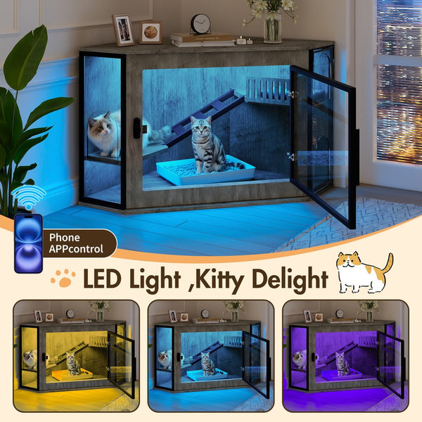 English Elm 48" Corner Mdf Cat Litter Enclosure Cabinet with Led Acrylic Door and Play Loft Grey N704P402446E