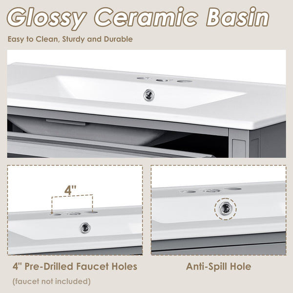English Elm 36'' Modern Bathroom Vanity With Ceramic Sink, 2 Smooth-Glide Drawers & Tip-Out Compartment, Grey Finish N710P230246E