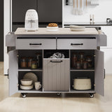 Grey Kitchen Island with Trash Can Storage, Drop Leaf, Spice Rack, Towel Rack, Drawer & Wheels