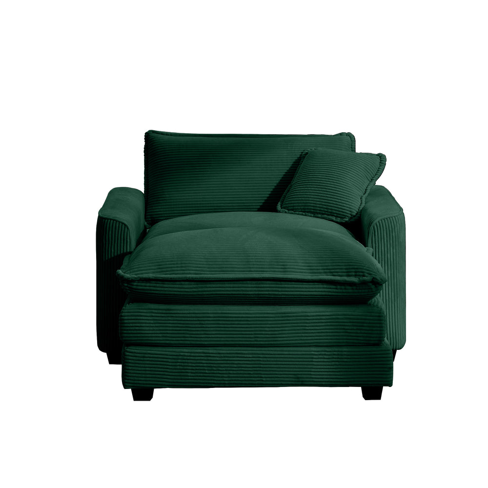 English Elm Comfortable Single Chair With Footstool And Pillow - Luxurious Green Corduroy For Living Spaces W714S00702