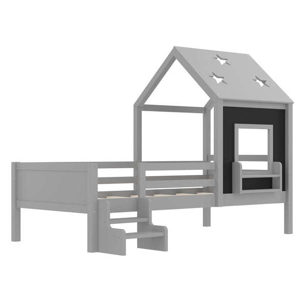 English Elm Full Bunk Bed with Trundle Bookshelf Storage Pine Frame Car Design for Kids Gray W1580S00294