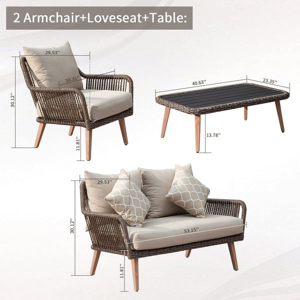 English Elm Patio Handwoven Rattan 4-Piece Conversation Set with Thick Cushions, Aluminum Frame, Khaki Weatherproof loveseat and table W1859S00086