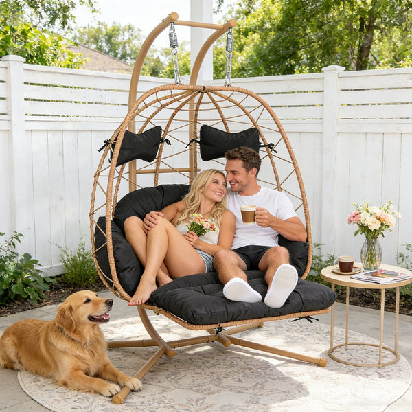 English Elm 2 Person Wicker Hanging Egg Chair with Stand Padded Swing for Patio or Garden T5880P500214