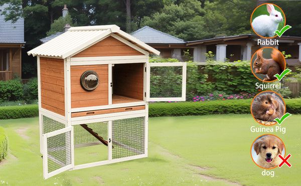 English Elm Premium Fir Wood Two Story Rabbit Hutch Weatherproof Outdoor Habitat with Run W1431P496484