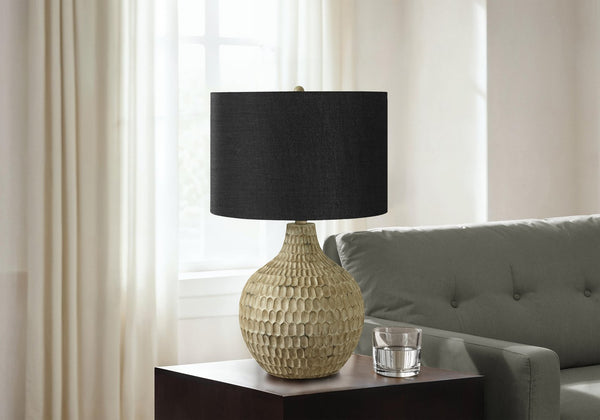 English Elm Lighting, Textured Gourd-Shaped Table Lamp With Black Shade, Brown Resin, 3-Way Switch, Modern Style B2710P220073