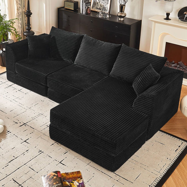 English Elm 102" Modular Cloud Sectional Corduroy Sofa with Reversible Chaise for Living Room Black W5638S00003