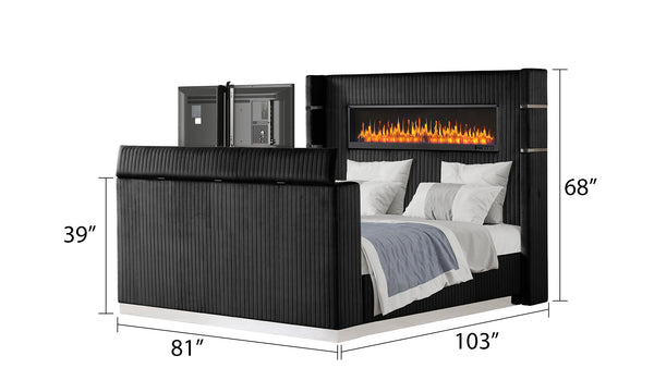 English Elm Lavish King Bed With Fireplace Headboard & Tv Stand Footboard - Modern Black Upholstered Design B009S01412
