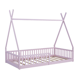 English Elm Twin House Bed with Roof and Fence for Kids – Sturdy Pine Frame, Vintage Wash Design, Safe Sleep Space Pink N709P183348H