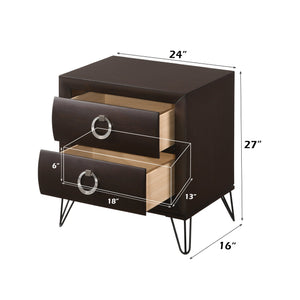 English Elm Tablita Two Drawer Nightstand with V-leg Base and Dark Merlot Rubberwood Finish B2726P411559
