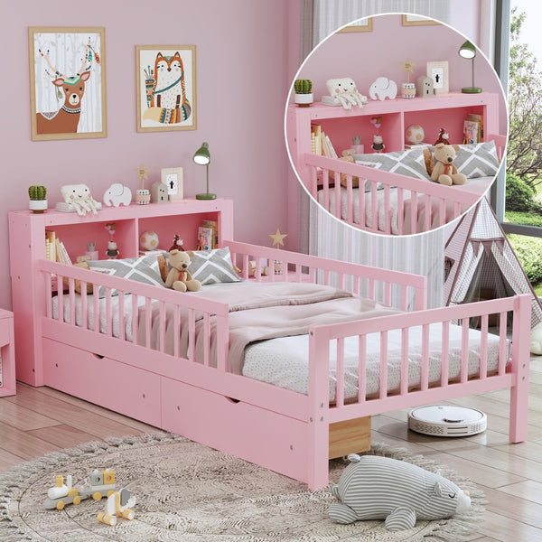 English Elm Twin Size Bed With Pink Finish, Headboard Storage, Under-Bed Drawers & Guardrails For Kids' Safety N733P272374H-GIGA