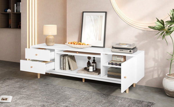 English Elm 70 Modern TV Stand for TVs up to 80" with Rattan Accents, Smooth Drawers, Flip-Up Storage, Durable Design White N710P339470W