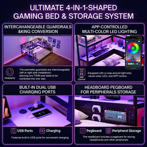 English Elm Twin Gaming Daybed with Led Strips Desk Pegboard Bookcase and Three Storage Drawers Purple+Black N820S00083I