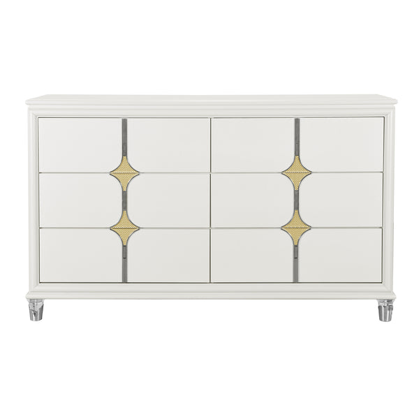 English Elm URIUNI Gold Chest with Acrylic Front Legs, Gold-Accented Spacious Drawers and Stainless Steel Backs Gold,White 66.14 L x 20.24 W x 39.13 H B201P299625