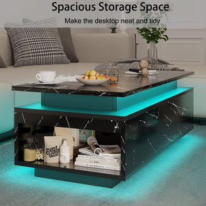 English Elm Coffee Table with Led Lighting Bluetooth Speaker Wireless Charging and Faux Marble Top Black T3773P415725
