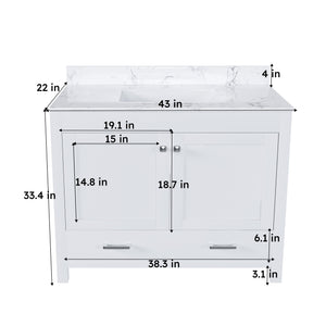 English Elm Modern 43" Bathroom Vanity With Carrara White Top - Stylish, Durable Storage & Soft-Close Features W509S00138