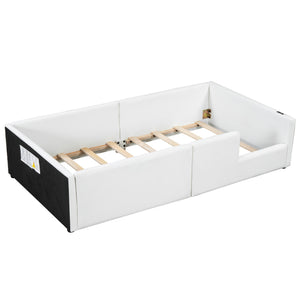 English Elm Twin Upholstered Platform Bed with Guardrail and Built-In Charging Station, Modern Sleek Design for Small Spaces White N709P186347K
