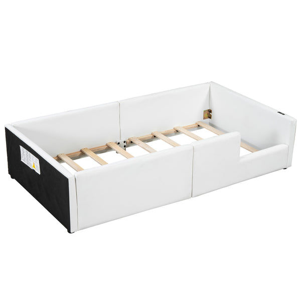 English Elm Twin Upholstered Platform Bed with Guardrail and Built-In Charging Station, Modern Sleek Design for Small Spaces White N709P186347K