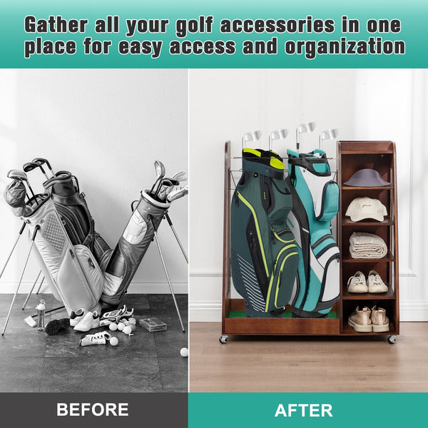 English Elm Golf Bag Storage Rack Wooden 2 Bag Organizer with Shoe Shelf for Garage Basement Brown W1422P296352