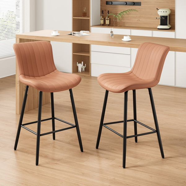 English Elm Counter Stools Set Of 2 - Stylish Mid-Century Modern Dining Chairs With Faux Leather & Metal Legs T3623P368359