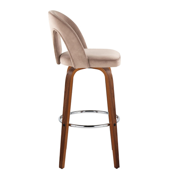 English Elm Fixed-height Swivel Barstools Walnut Legs Taupe Velvet Seat Chrome Footrest Set B202S01889