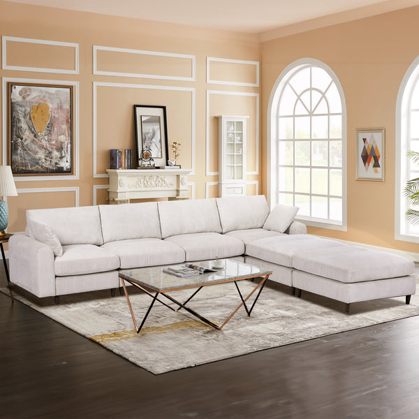 English Elm Modern corduroy modular sectional sofa U‑ or L‑shape convertible oversized seating with storage pockets adjustable headrests Beige W2121S00007