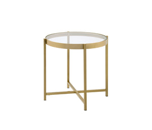 English Elm Charrot Round Tempered Glass End Table with Gold Metal Crossbar Base for Living Room B2726P426722