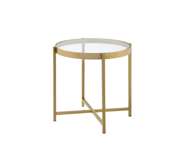 English Elm Charrot Round Tempered Glass End Table with Gold Metal Crossbar Base for Living Room B2726P426722