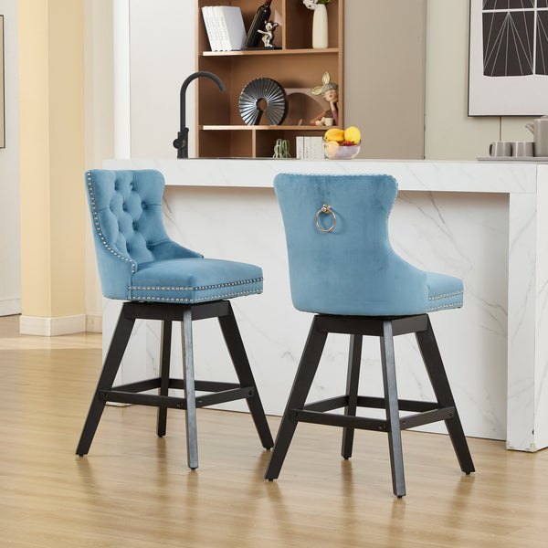 English Elm Swivel Velvet Barstools with Tufted Back Support, 360° Rotation, Foam & Spring Cushion, Sturdy Wooden Frame Light Blue W1143P369089