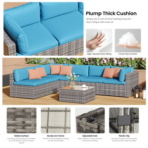 English Elm 7-piece Outdoor Modular Sectional Pe Wicker Patio Set with Tempered Glass Coffee Table Grey+Blue B082S00064