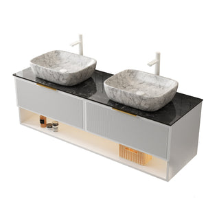 English Elm MALONE 60" Floating Vanity with Dual Marble Ceramic Basins, Black Sintered Stone Top, LED Sensor Lighting W2615S00296