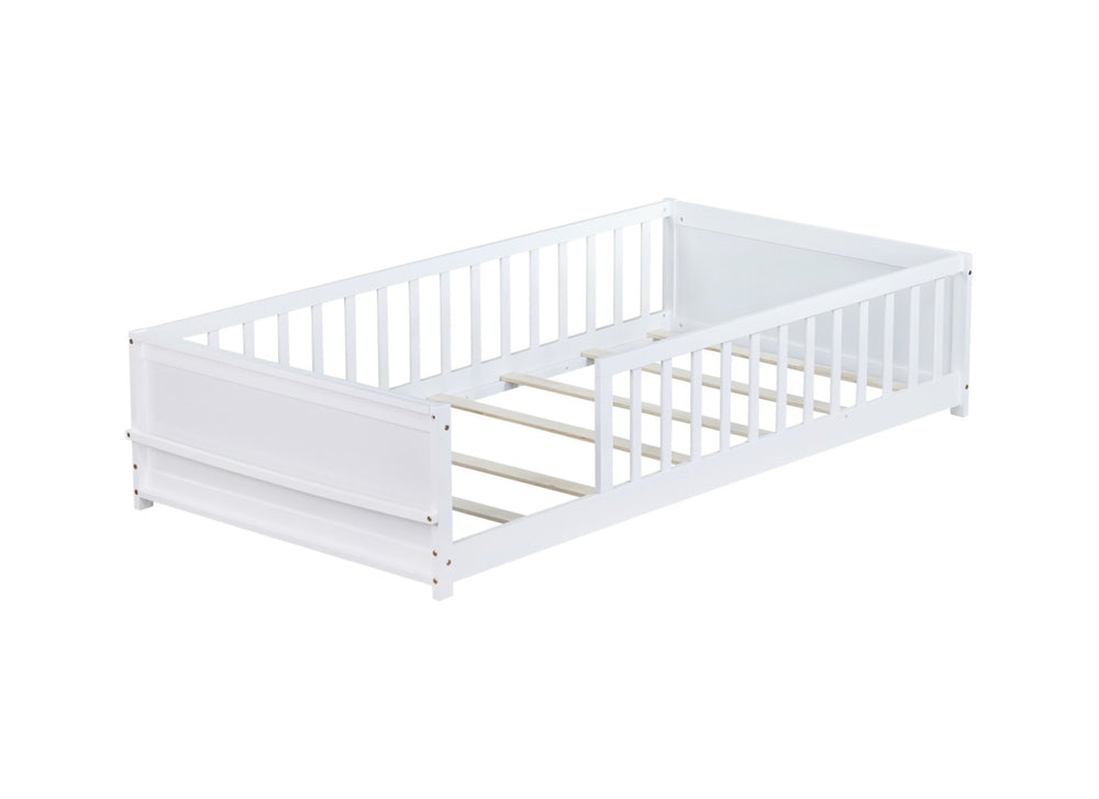 English Elm Twin Floor Platform Bed With Built-In Book Rack, Safe Low Profile Design For Cozy Kids' Rooms! W504P345765-GIGA