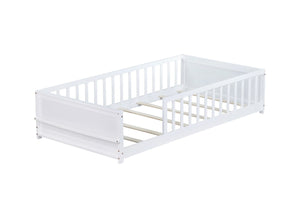 English Elm Twin Floor Platform Bed With Built-In Book Rack, Safe Low Profile Design For Cozy Kids' Rooms! W504P345765-GIGA