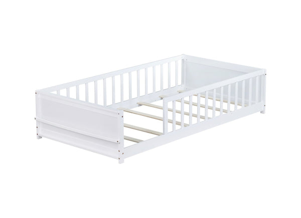 English Elm Twin Floor Platform Bed With Built-In Book Rack, Safe Low Profile Design For Cozy Kids' Rooms! W504P345765-GIGA