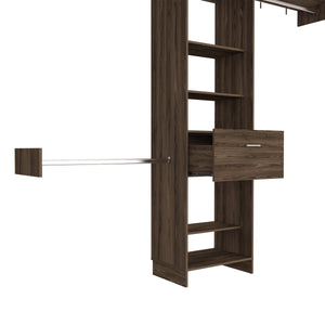 English Elm Cross Closet System premium organizer with one smooth drawer, three metal rods and five open shelves for versatile storage and style Brown 82.68 L x 20.87 W x 3.94 H B128S00082