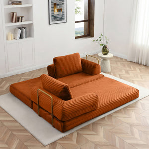 English Elm Convertible Floor Sofa Futon with Corduroy Upholstery for Living Room Lounging and Sleeping Orange W1117P434732