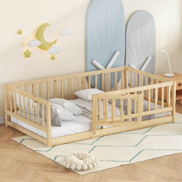 English Elm Twin Oak Montessori Floor Bed with Fence & Door, Twin Slatted Pine Frame, Low Profile for Kids (Natural) W1820P349300