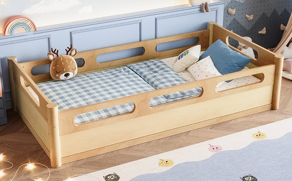English Elm Twin Low Profile Floor Bed with Guardrails Pine Wood Frame Minimalist Bedroom Natural W1580P438791